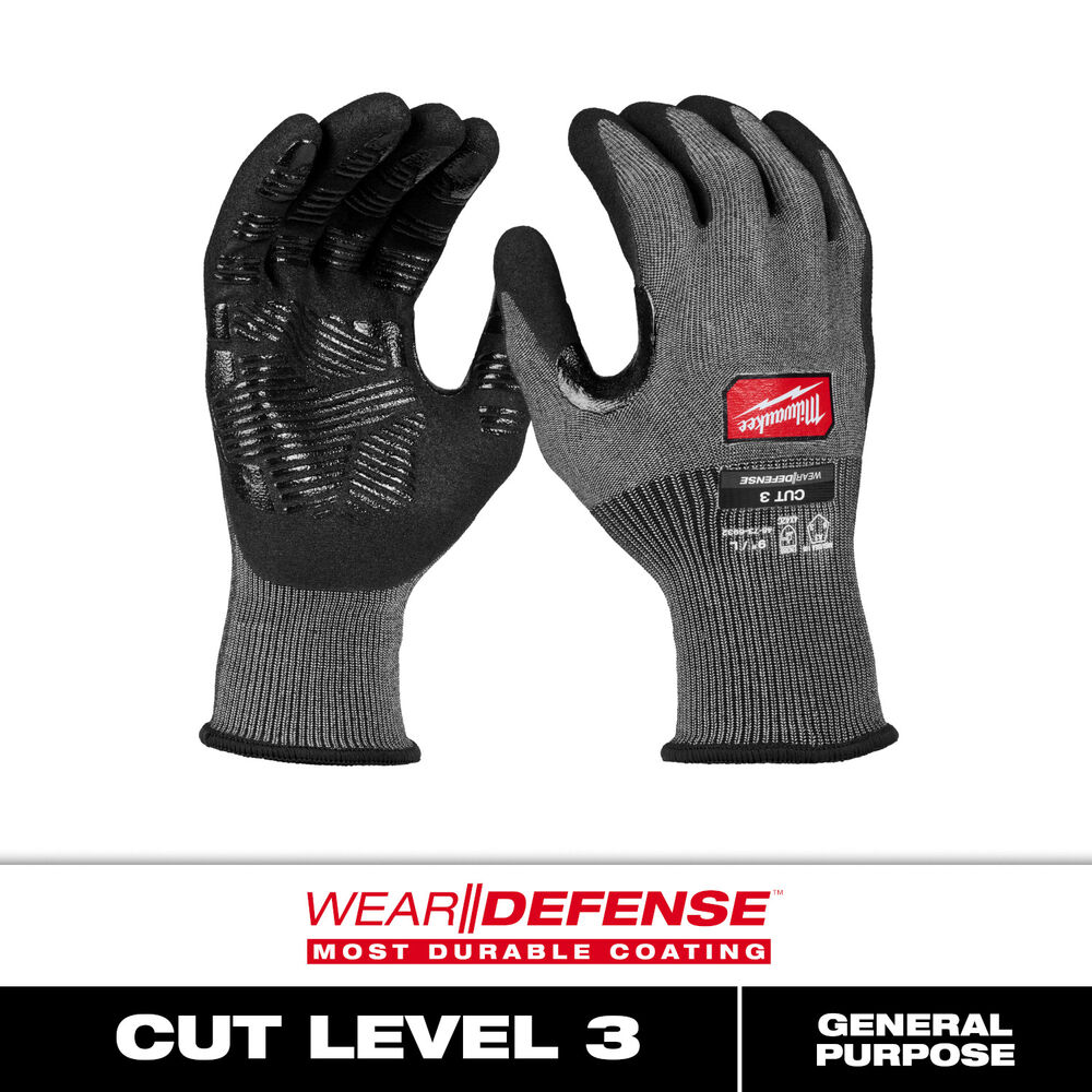 Milwaukee® Tool 48-73-6932E Cut-Resistant Gloves w/ WEAR-DEFENSE™ Protection, Cut Level 3, L, Nitrile Coating, Gray, 144 Pairs