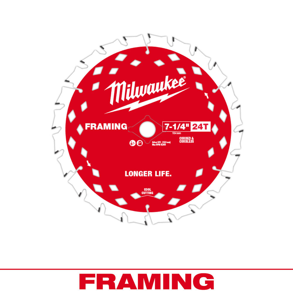 Milwaukee® Tool 48-40-0720 Framing Thin Kerf Circular Saw Blade, 7-1/4" Diax1.05" THK, 5/8" Arbor, 24 Teeth