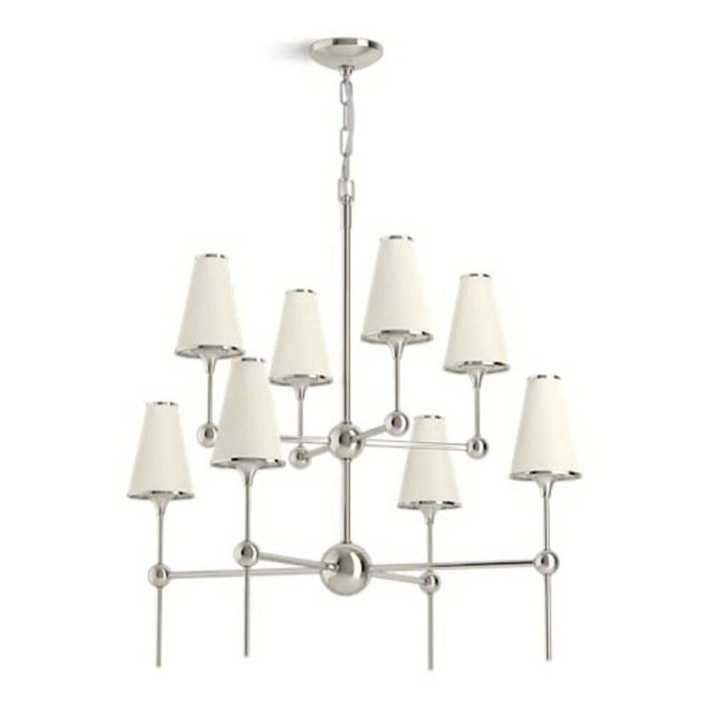 Kohler® 27863-CH08-SNL Parohn® 36" Candle Style Dimmable Shaded Chandelier, (8) Type B Lamp, 120 V, Polished Nickel Housing