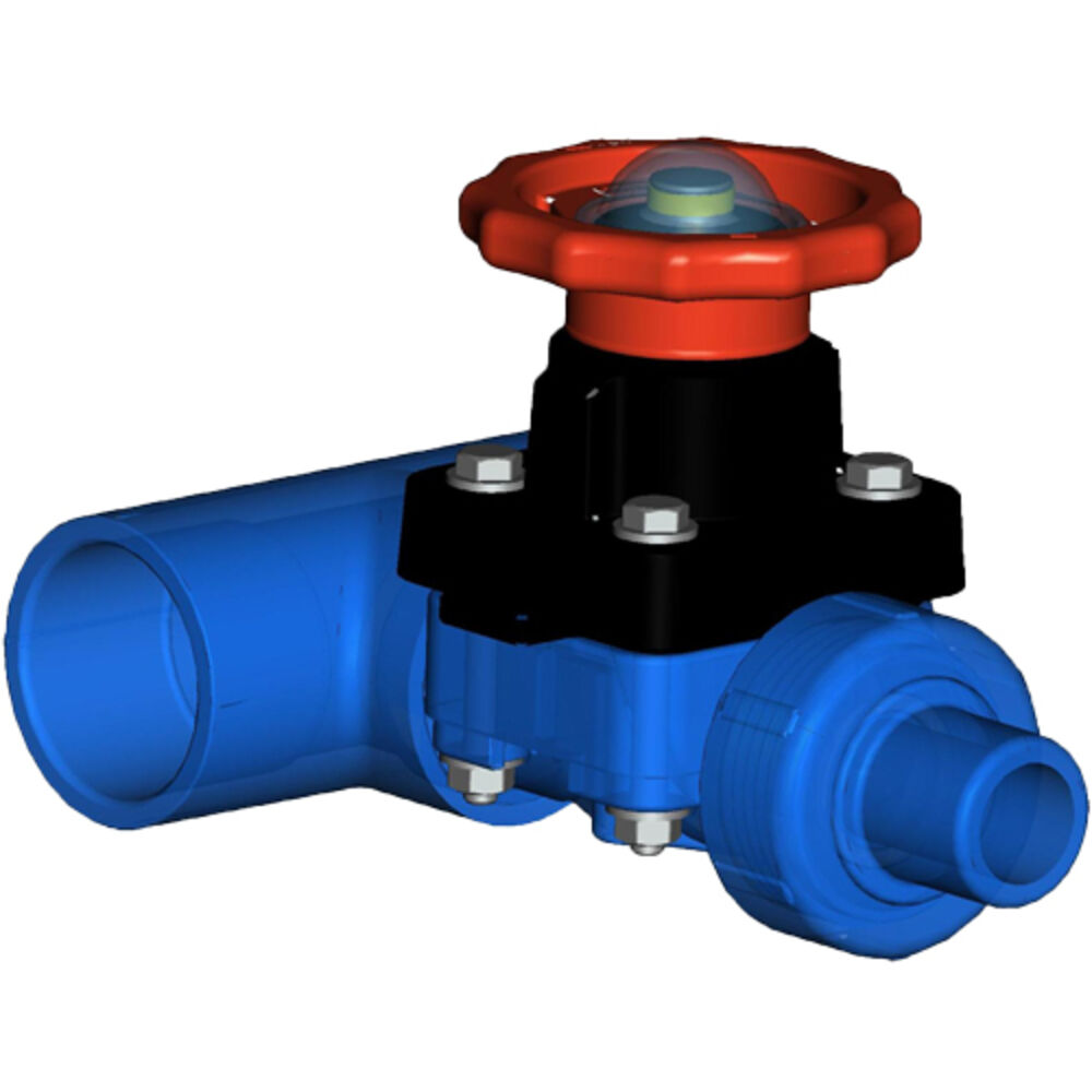 2797VTZD-010BL 1" PVC LE T-Style "Zero Dead Leg" Diaphragm Valve, Mainline Tee x Spigot