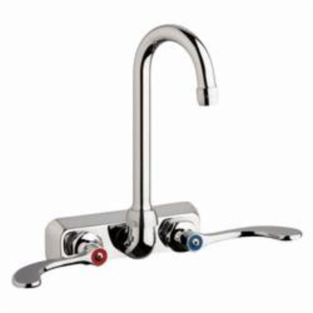 Chicago Faucet® W4W-GN1AE35-317AB Hot and Cold Water Workboard Sink Faucet, Wall Mount, 2 Handles, 4 in Center, 1.5 gpm Flow Rate, Polished Chrome