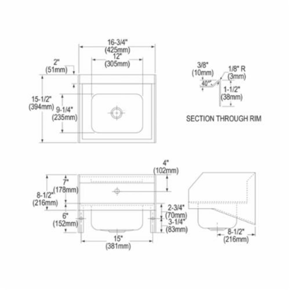 CHS1716LRSSACMC Scrub Handwash Sink Package, Rectangular, Wall Mount, 304 Stainless Steel, Buffed Satin