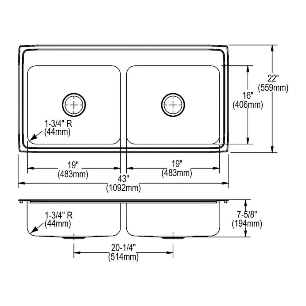 LR43224 43" Lustertone Classic Stainless Steel 4-Hole Equal Double Bowl Drop-In Kitchen Sink