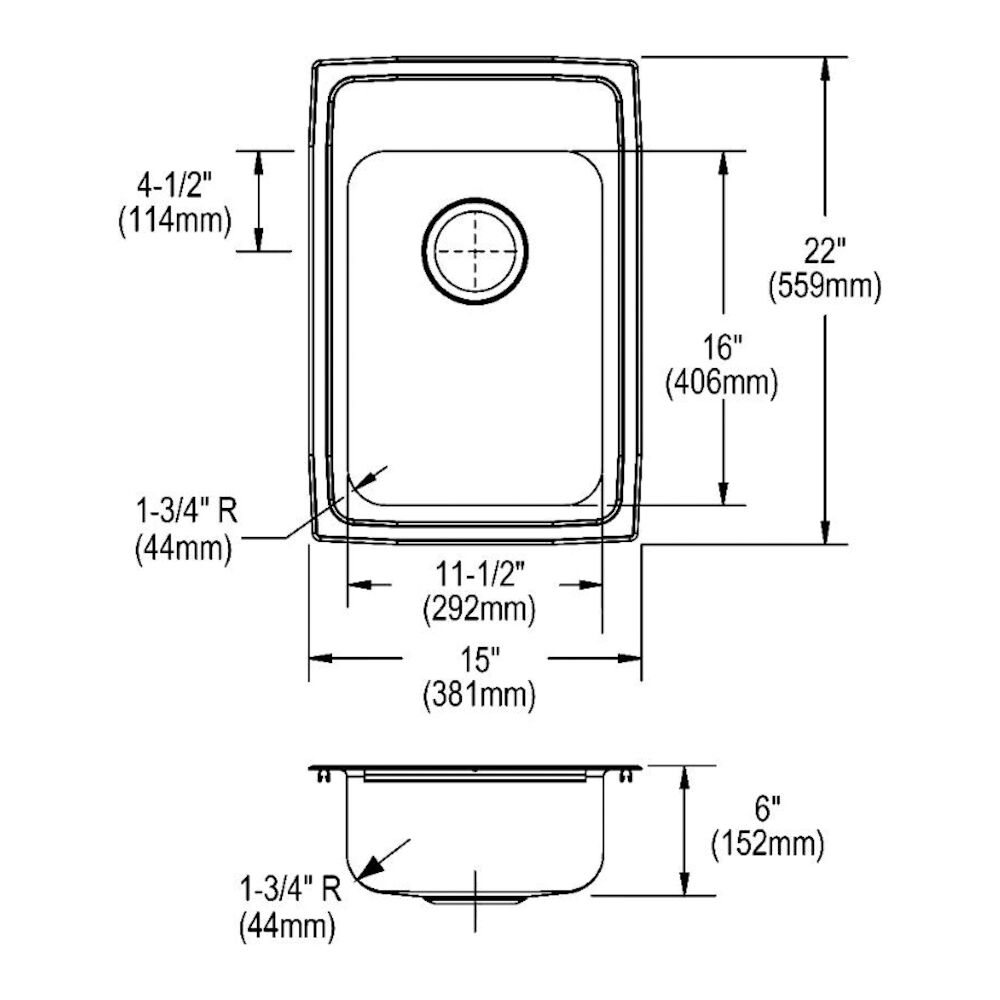 LRAD152260MR2 15" Kitchen Sink, Classic, Rectangular, MR2 Faucet Holes, Top Mount, Stainless Steel, Lustertone
