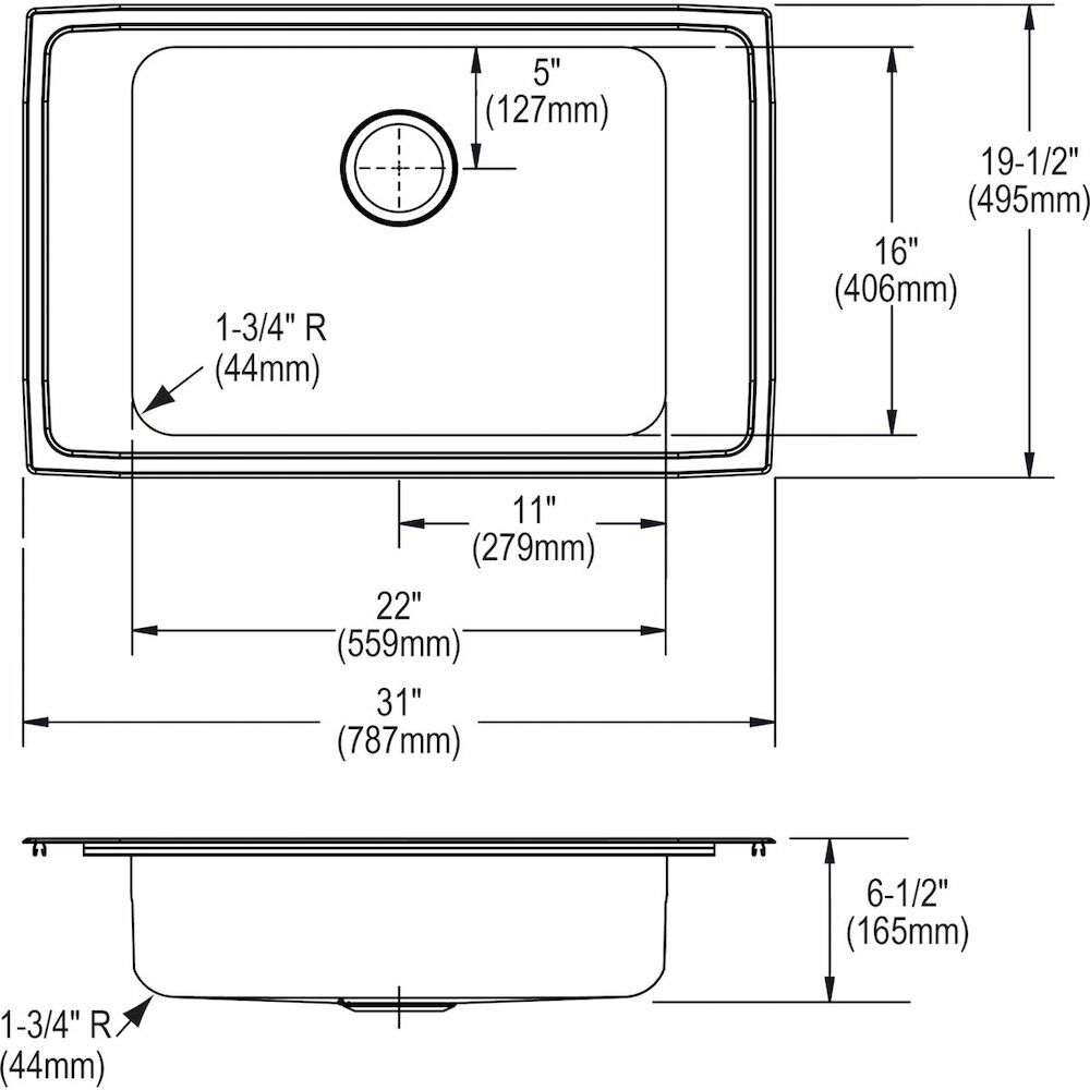 DRKAD311965FR4 Classroom Sink, Rectangular, 19-1/2" Wx6-1/2" H, Top Mount, Stainless Steel, Lustertone
