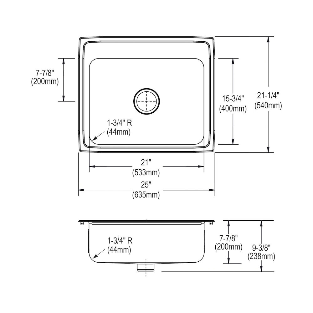 LR2521PD0 25"x21-1/4" Kitchen Sink w/ Perfect Drain®, Lustertone Classic, Rectangular, 0 Holes, Single Bowl, Drop-In, Stainless Steel, Lustrous Satin